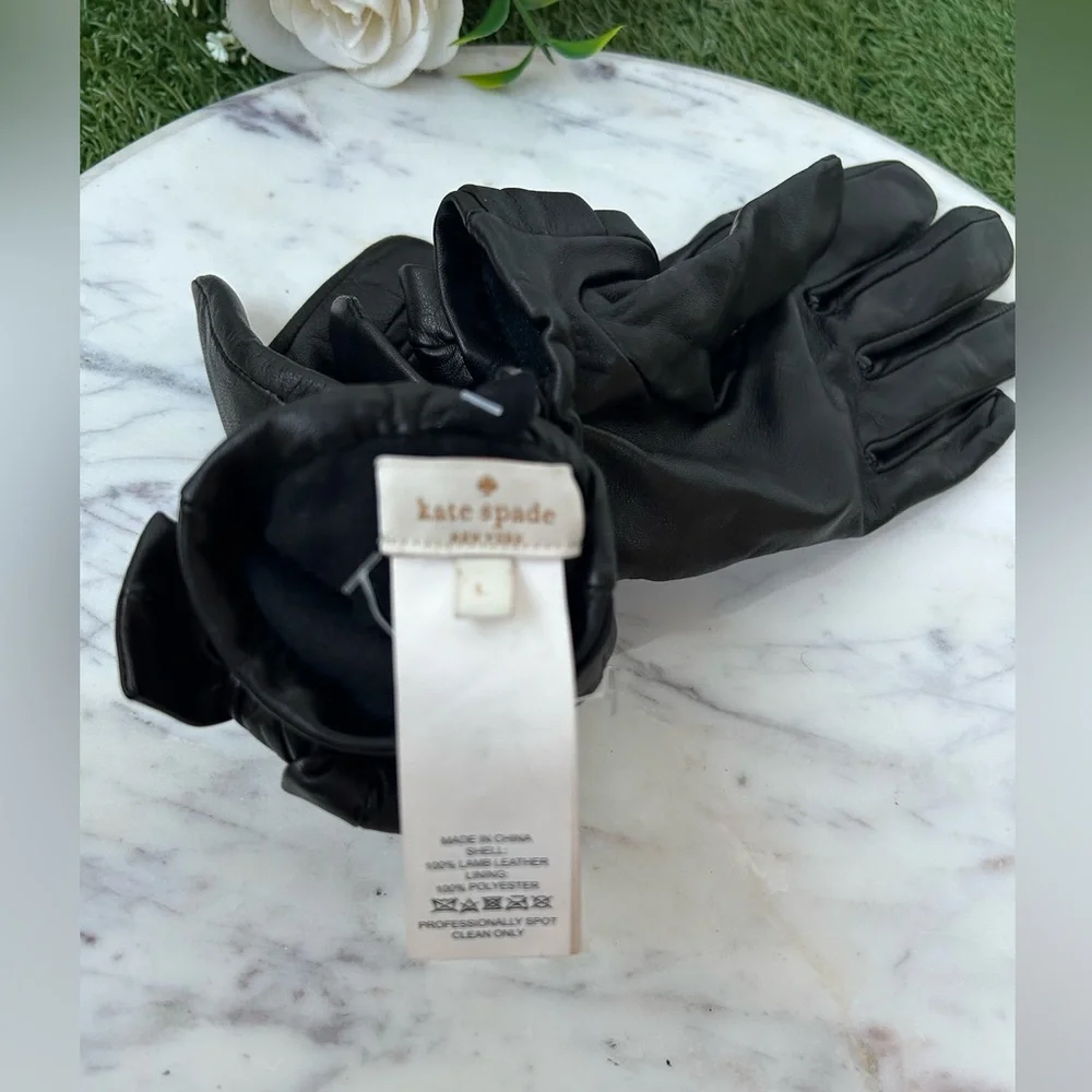 Kate Spade Black Bow Gloves L SHELL 100% LAMB LEATHER LINING 100% POLYESTER